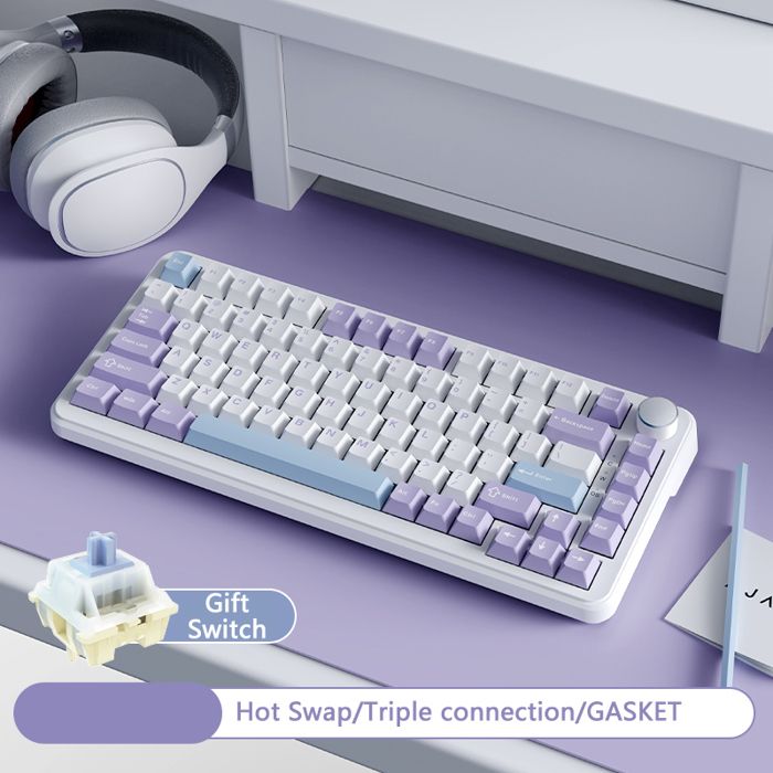 AJAZZ AK820MAX Clavier mécanique filaire Hot Swap Interrupteur Tri-mode Gift Violet Blanc et Bleu