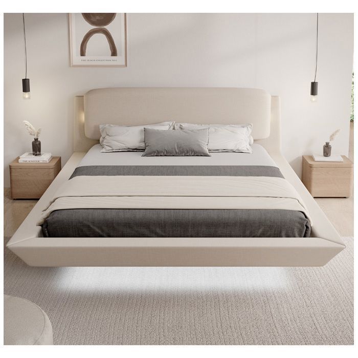 Lit double pour Matelas 180x200cm Design Flottant avec Lumière LED Cadre en Bois Tapissé en Lin Beige Sommier à Lattes Diana