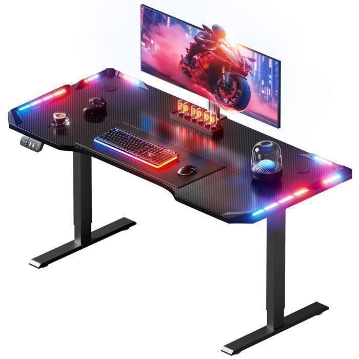 HLONONE Bureau Assis Debout Électrique 120*60cm Bureau Gaming avec LED Hauteur Réglable 72-117 cm Mémoire Fibre de Carbone