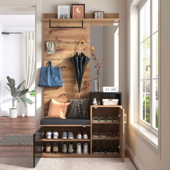 Meuble Entrée MINIO Avec Miroir Et Coussin - Vestiaire 100cm De Large - Rangement Chaussures Et Manteaux - Chêne/Noir