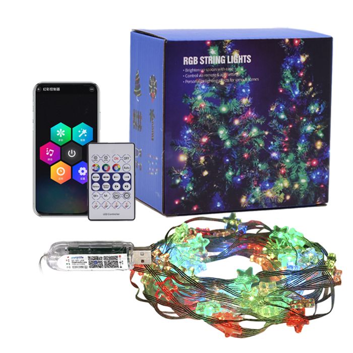 Guirlande Étoile RGB 10m 66 lampes câble transparent monobloc USB + effets adressables décoration fête/mariage