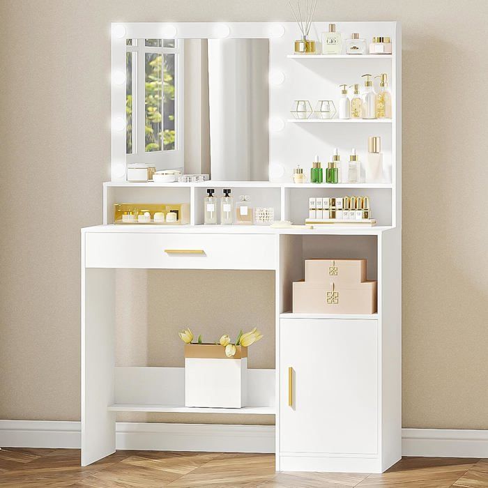 Coiffeuse avec Miroir10 lumières LED vanité de Maquillage avec 3 étagères et 4 Compartiments Ouverts3 luminosités réglablesBlanc