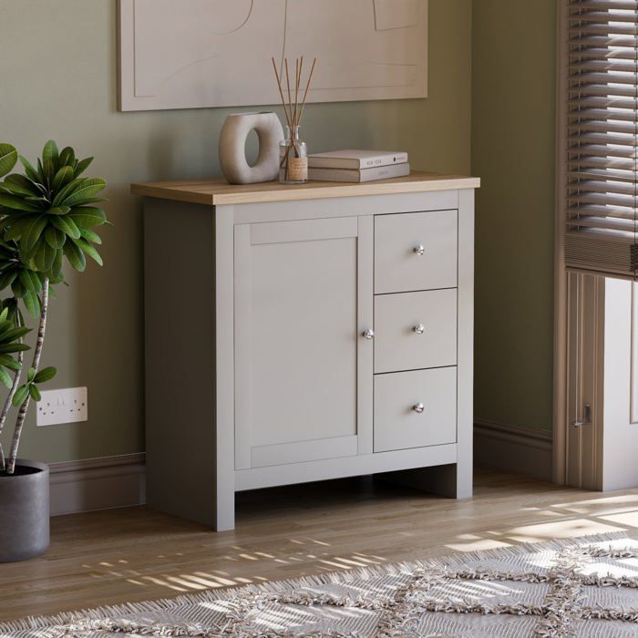 Buffet bas Arlington 3 tiroirs 1 porte gris et chêne – Table armoire meuble de rangement