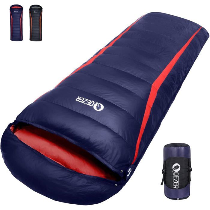 Sac De Couchage Double QEZER XXL – 1℃ à 12℃, Duvet De Canard RDS 900g, 225x145 Cm, Léger 1,95 Kg, Compact, Pour Camping En Couple Ou En Famille