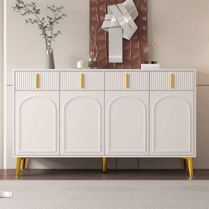 Buffet avec poignées et pieds dorés 4 portes 4 tiroirs avec stratifié amovible adapté au salon et salle à manger 140*37 8*82 cm