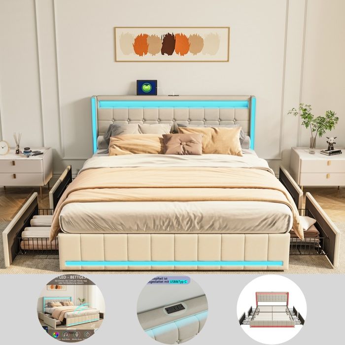 Lit rembourré 180x200 avec LED et USB Lit 2 Personnes avec 4 Tiroirs Lit capitonné avec sommier à Lattes Lit Double Lin Beige