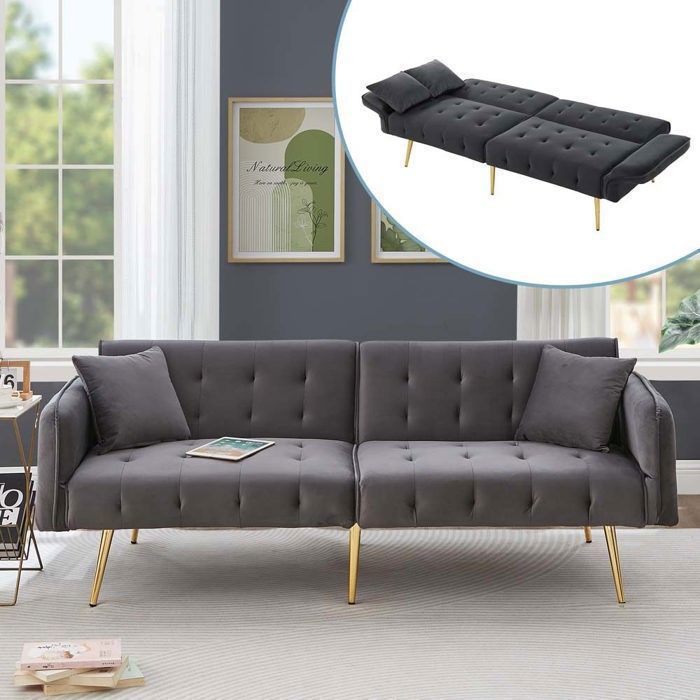 Canapé convertible 2 places - Contemporain - Dossiers réglables 3 positions - Velours gris - Couchage 80x200 cm