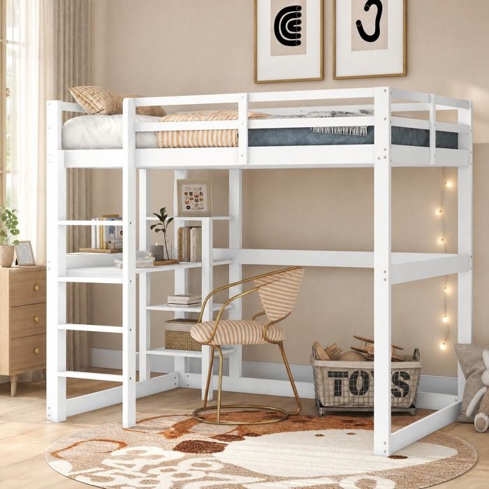 Maisentiel Lit mezzanine enfant 140 x 200 cm blanc en bois de pin et MDF avec bureau et 4 étagères