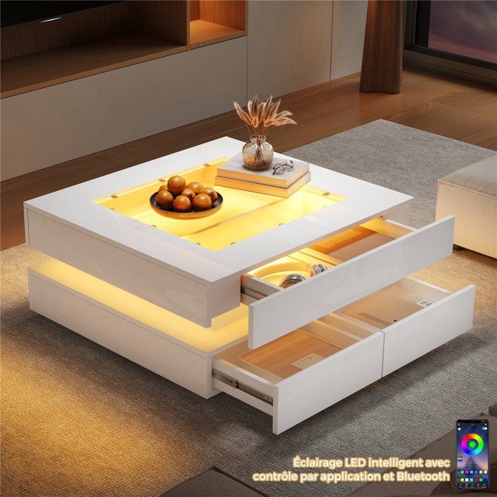 Table Basse LED Contrôlée par APP en Verre  Blanche Brillant Plateau avec Tiroirs Moderne Coffee Table avec Rangement 70x70x35 cm