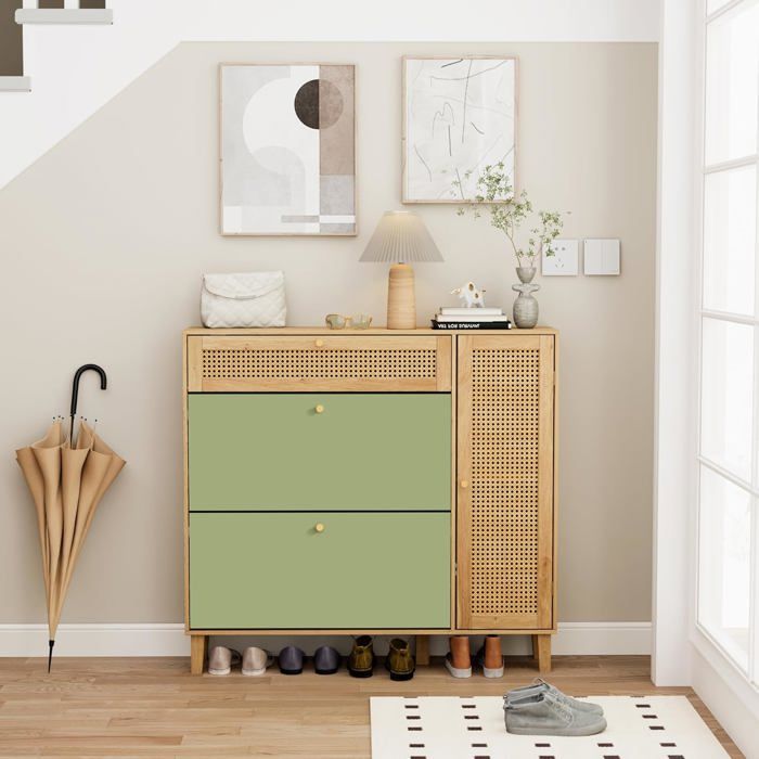 GOOBUY Armoire à Chaussures en Rotin Meuble à Chaussures Inclinable 4 Compartiments Cabinet Botte sur Côté Naturel et Vert