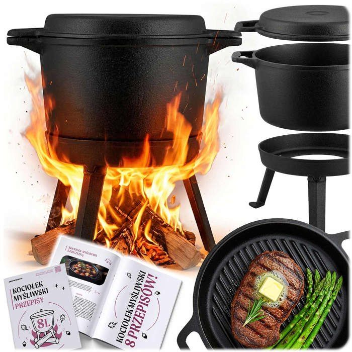 Chaudron en fonte démontable - Berdsen - 8 l - Poêle grill intégrée - Couvercle double face - Trépied inclus