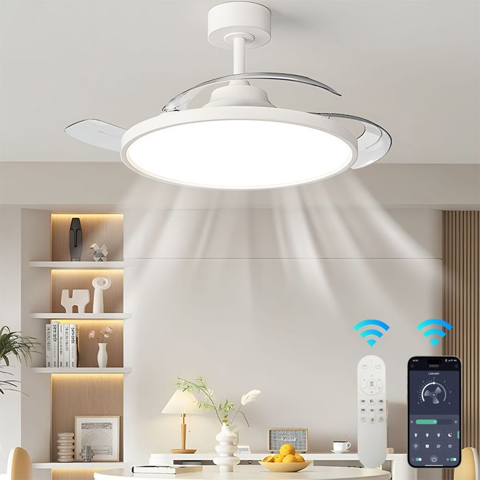 Ventilateur de Plafond Rétractable 105 cm avec Lumière et Télécommande 6 Vitesses Moteur Réversible Silencieux pour Chambre Salon
