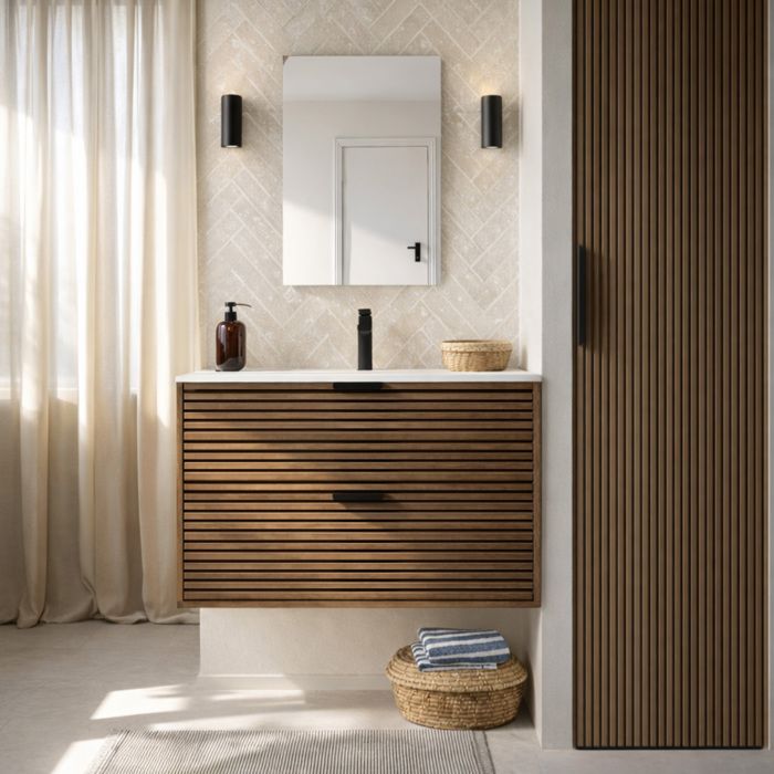 Meuble Salle de Bain Cranté Bois et Noir 80cm 2 Tiroirs - Vasque et Miroir - MALO Meuble Salle de Bain Cranté Bois et Noir 80cm 2 Tiroirs - Vasque et Miroir - MALO