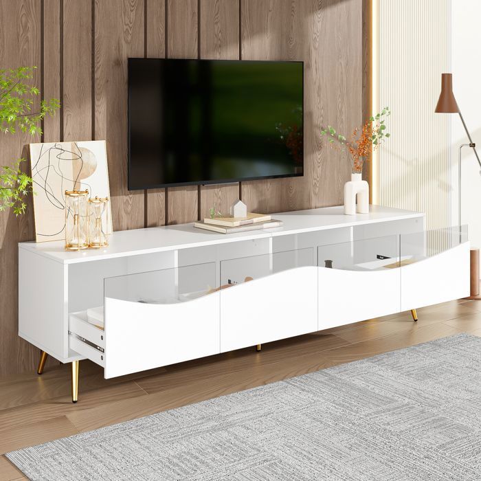 Meuble TV salon - Lowboard 180 cm - LED Bluetooth - Vitrine verre trempé - Pieds dorés