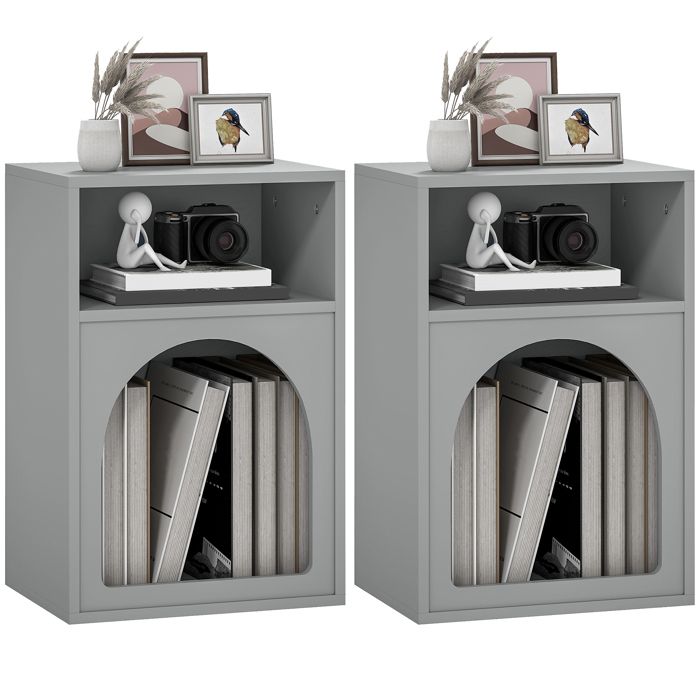 Lot de 2 tables de chevet - HOMCOM - compartiments ouverts - design arqué - MDF - 40 x 30 x 60 cm - gris
