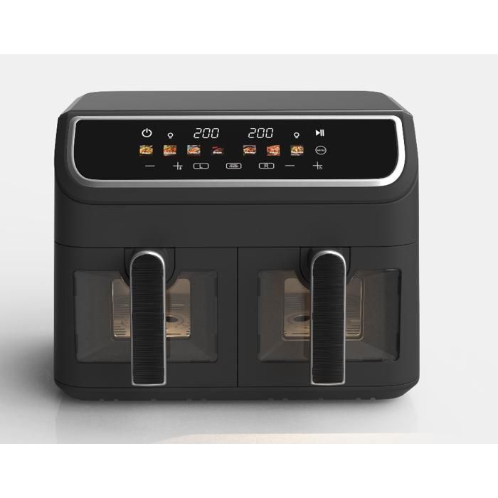 Friteuse à Air Sans Huile 9L Air Fryer 2000 W，2 tiroirs 8 préprogrammes avec Fenêtre Transparente  Écran Tactile LED 80-200°C