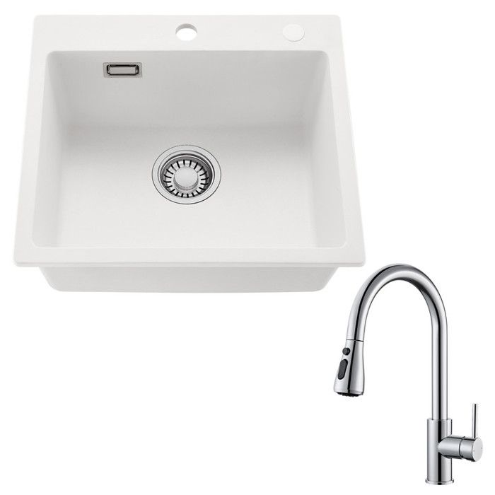 Évier 1 bac - CECIPA MAX - 50x45 cm - Granit (80% quartz) - Robinet extractible inox - Trop‑plein anti‑odeurs