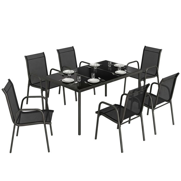 Salon de jardin - ensemble table et chaises jardin - Outsunny - 6 personnes chaises empilables plateau verre trempé - métal - noir