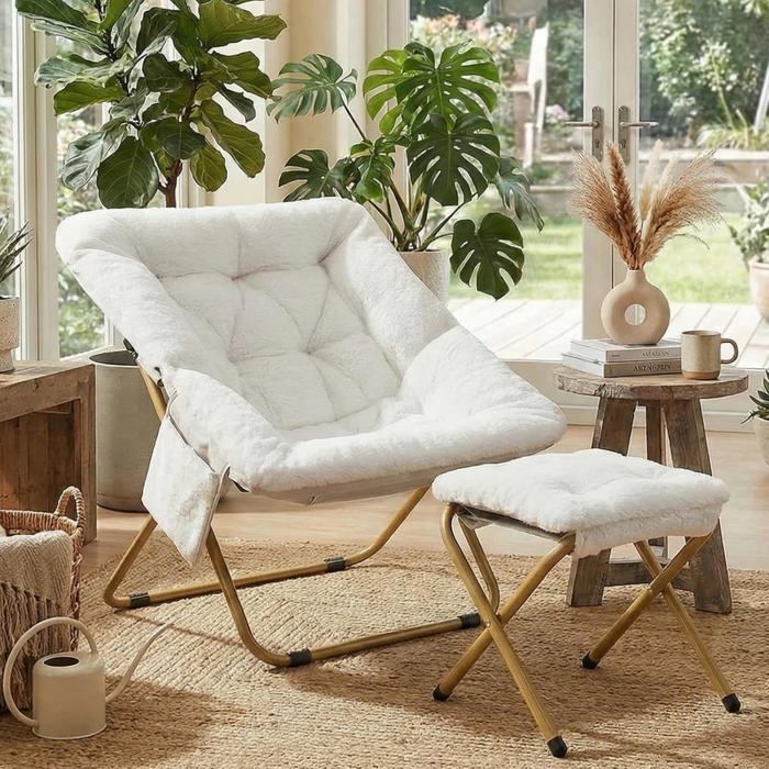 Fauteuil inclinable avec repose-pieds fauteuil relax pliable en peluche fauteuil à oreilles fauteuil TV-(Blanc)