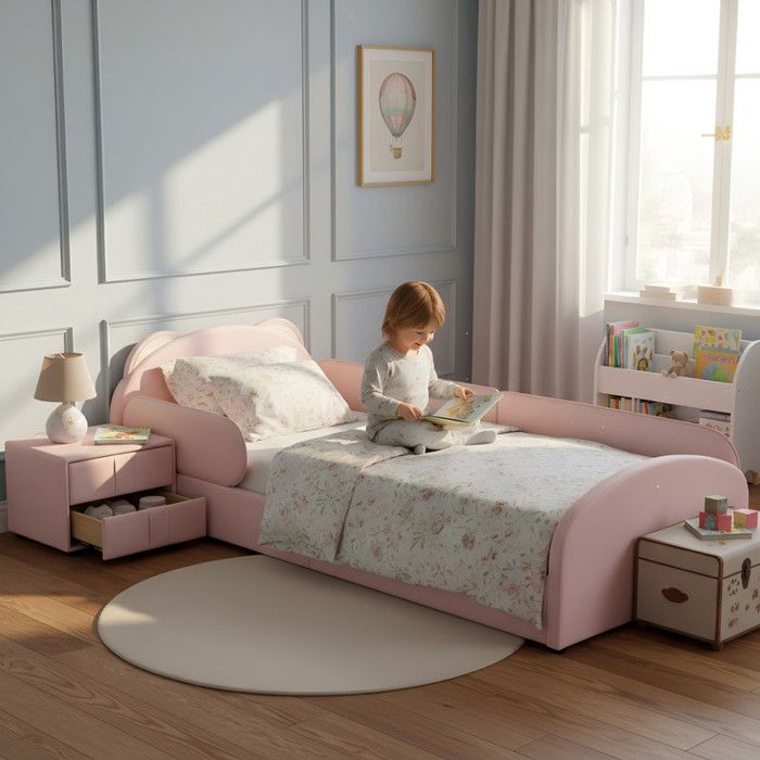 Luscriate - Lit rembourré 90x200 cm lit enfant lit simple avec tête dours table de chevet et bord anti-choc velours - rose