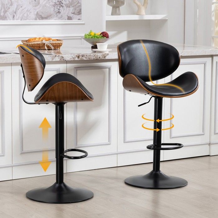 Lot de 2 Tabourets de Bar Noir Cuir PU Pivotants Hauteur Réglable Design Ergonomique pour Cuisine Bar 51x50x93-103.5cm