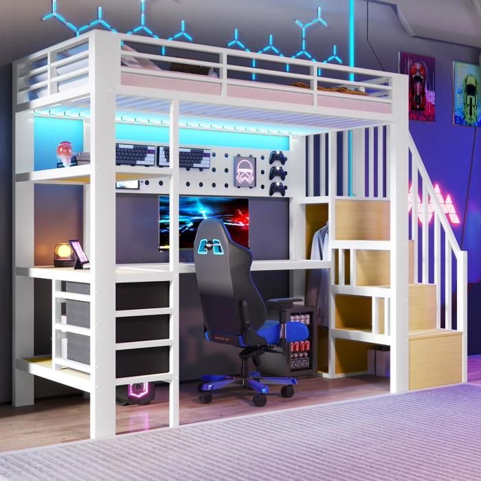 Lit mezzanine enfant - 90x200 cm avec éclairage LED et 3 tiroirs Lit Mezzanine avec Bureau et Prise Escalier de rangement Blanc