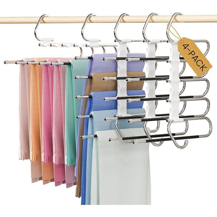 Cintre Pantalon 5 en 1 Porte-Pantalons Gain de Place pour Adultes Lot de 4 Blanc - pas D’assemblage Req PORTE-CINTRE POUR DRESSING