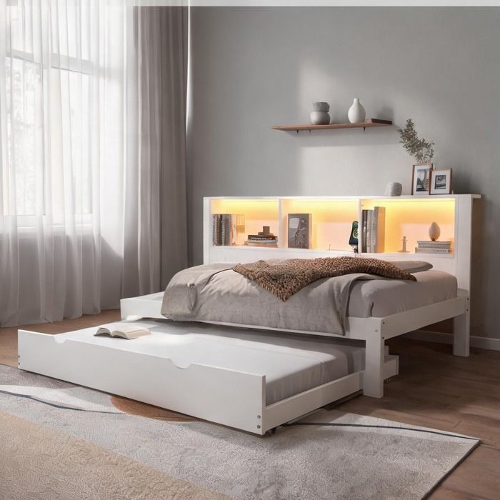 Canapé-lit gigogne avec rangement USB et LED dimmables 90x200 cm bois de pin classique blanc