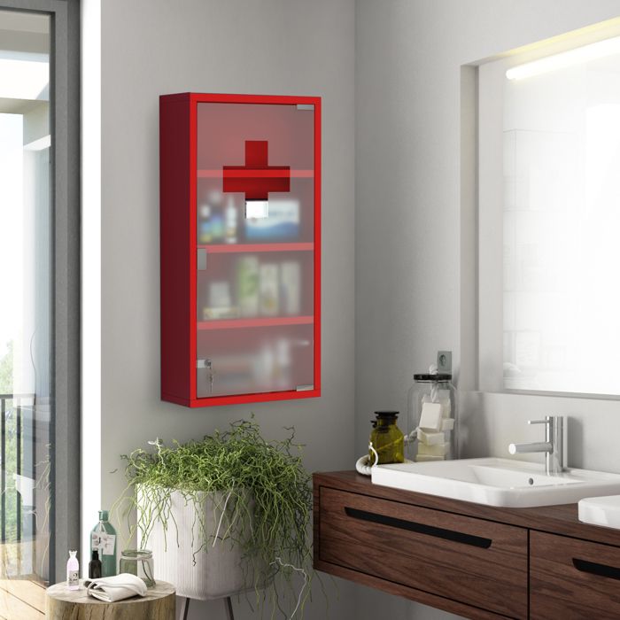 Armoire à pharmacie - 60×30×12 cm - Acier & porte verre satiné - Verrouillable - 4 compartiments