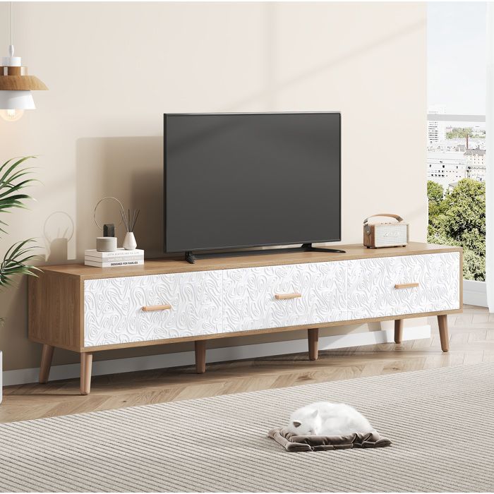 ROVRYN Meuble TV bas vintage 150 cm blanc et bois clair avec 3 tiroirs