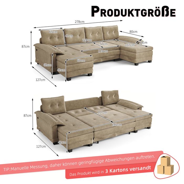 COVREO canapé convertible modulable en U 278 cm avec lit 242 x 117 cm chenille camel USB