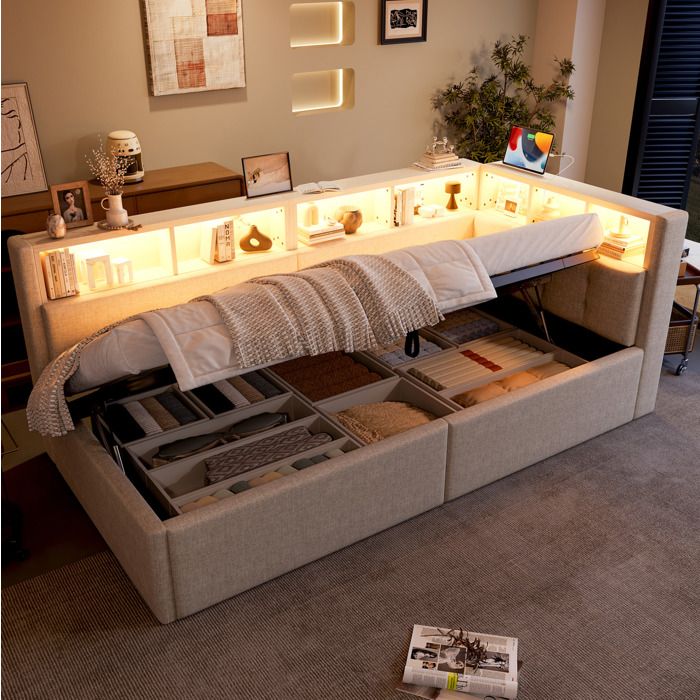 Modenuit Lit banquette 90x200 cm avec rangement hydraulique LED multicolore USB et USB-C lin beige