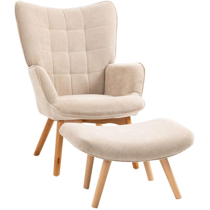 Fauteuil bergère de relaxation avec repose-pieds beige aspect velours côtelé pieds en bois de hêtre