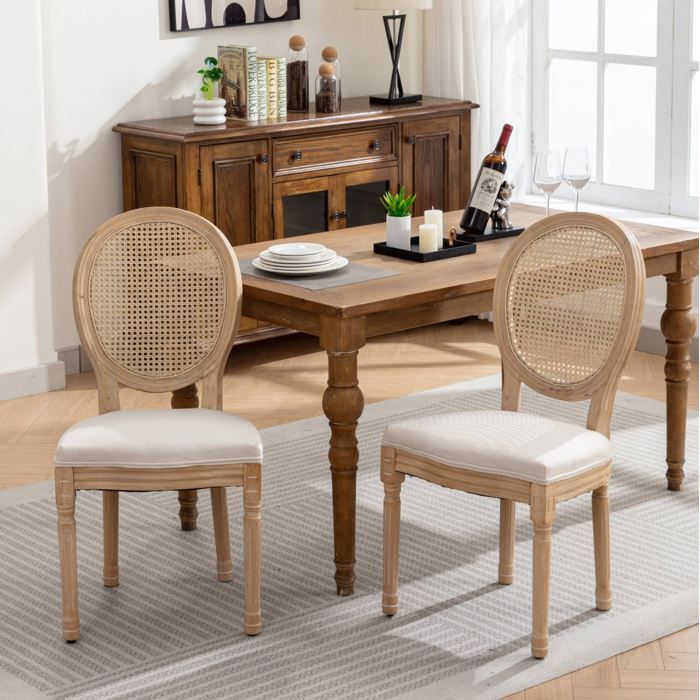 Lot de 2 chaises de salle à manger style français en bois massif dossier en rotin et tissu en lin beige