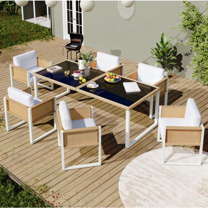 table repas jardin 6 personnes avec 1 table 170x80 cm et 6 fauteuils en résine tressée verre trempé Grjofek