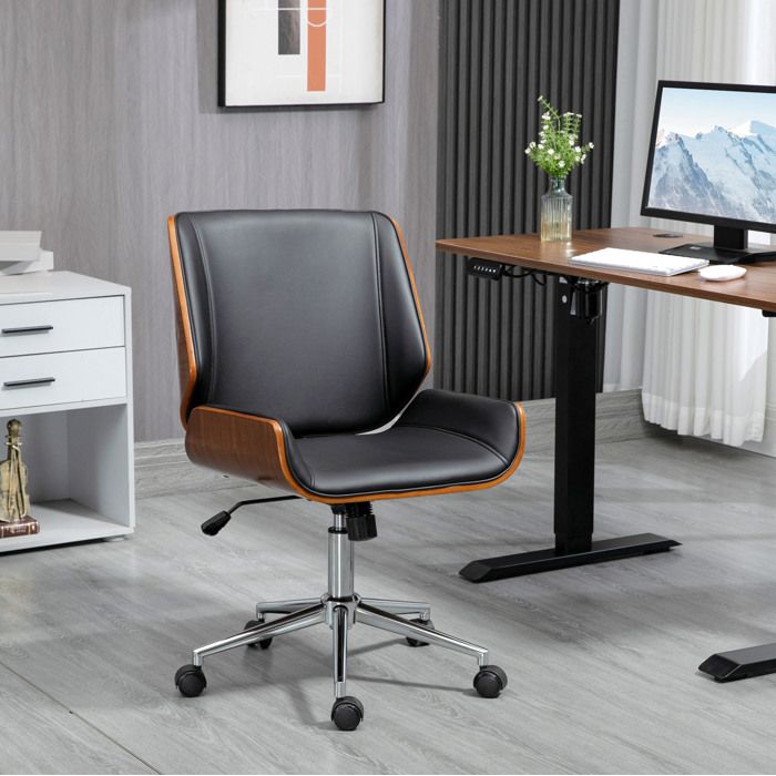 Chaise de bureau rétro réglable en hauteur avec fonction basculante simili cuir noir dossier mi-haut