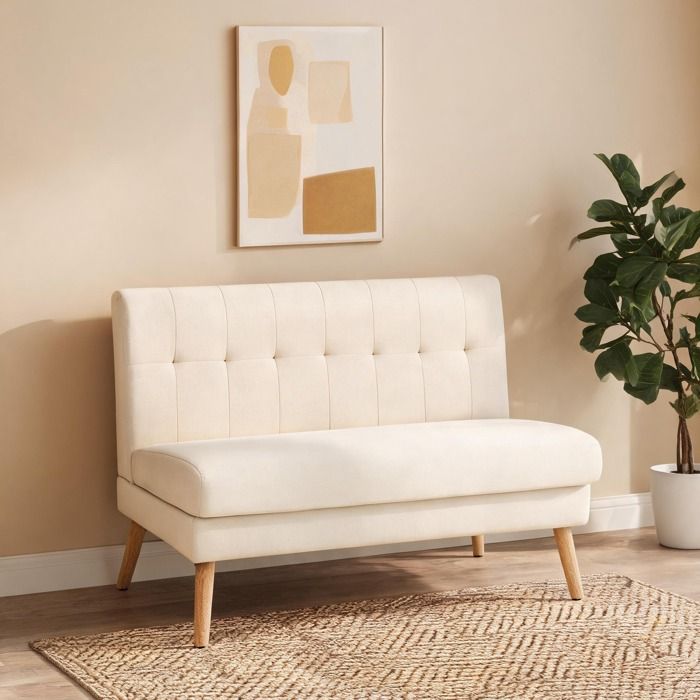 Canapé 2 places beige aspect lin dossier capitonné bois dhévéa 118 cm