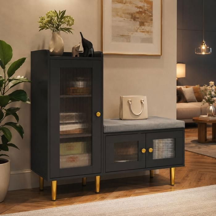 Meuble à Chaussures avec Banc et Portes Vitrées meuble d’entrée avec 3 portes et 4 étagères Étagères Réglables 100x35x90 cmNoir