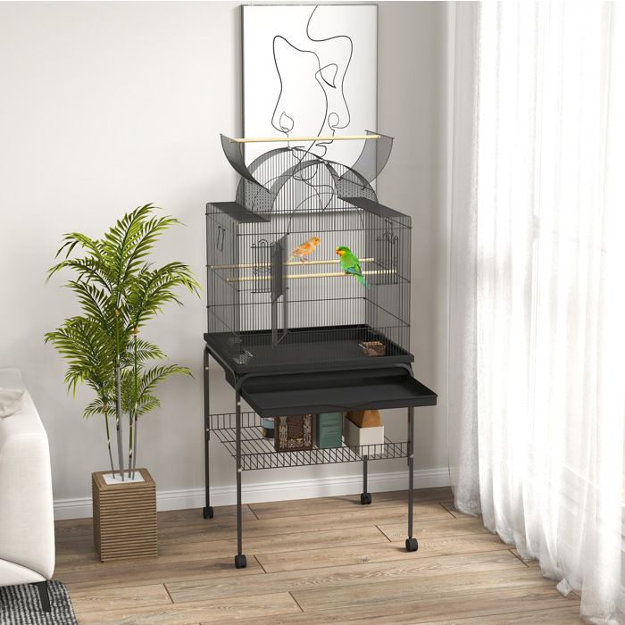 Cage A Oiseaux En Acier Noir Voliere Sur Roulettes FloraGrace Pour Canaris Et Perruches Avec Tiroir Amovible 63x53x144cm