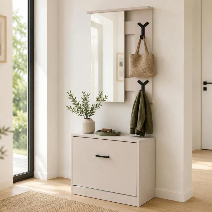 Vestiaire dentrée beige avec meuble à chaussures et miroir ALVA