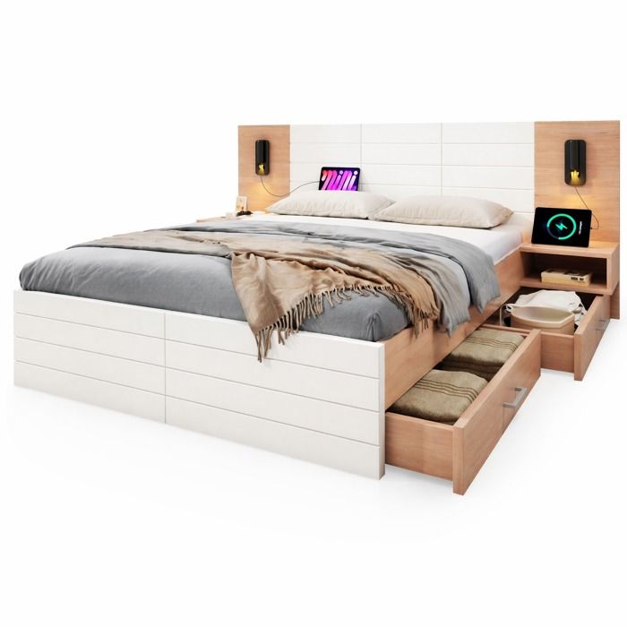 Lit double 160 x 200 cm 2 tiroirs 2 tables de chevet intégrées lampe de lecture 360° USB sommier à lattes blanc chêne clair