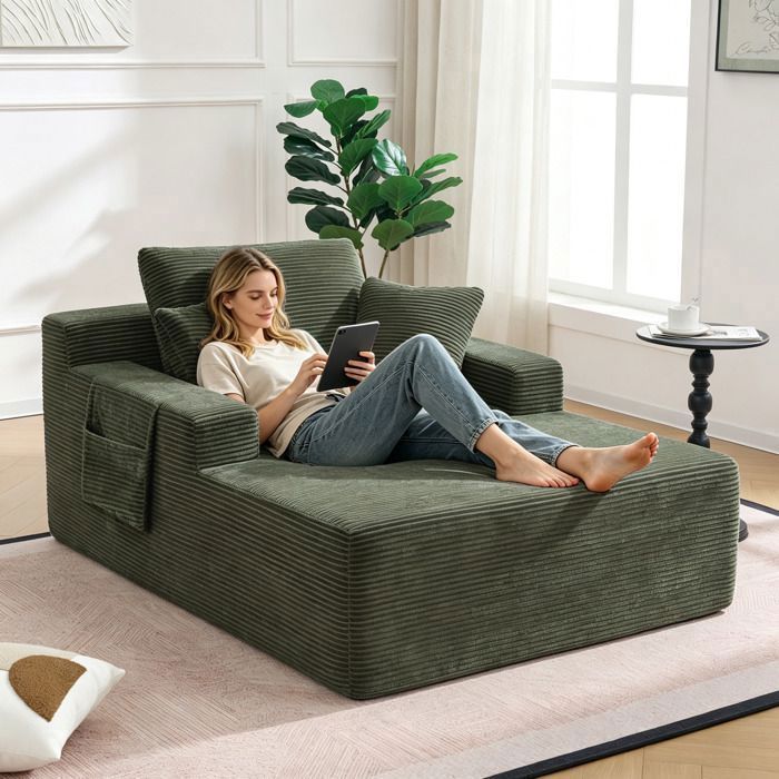 Canapé 1 place - SOGEU - Canapé Compact - Velours côtelé vert - 110x70x150 cm - Poches latérales