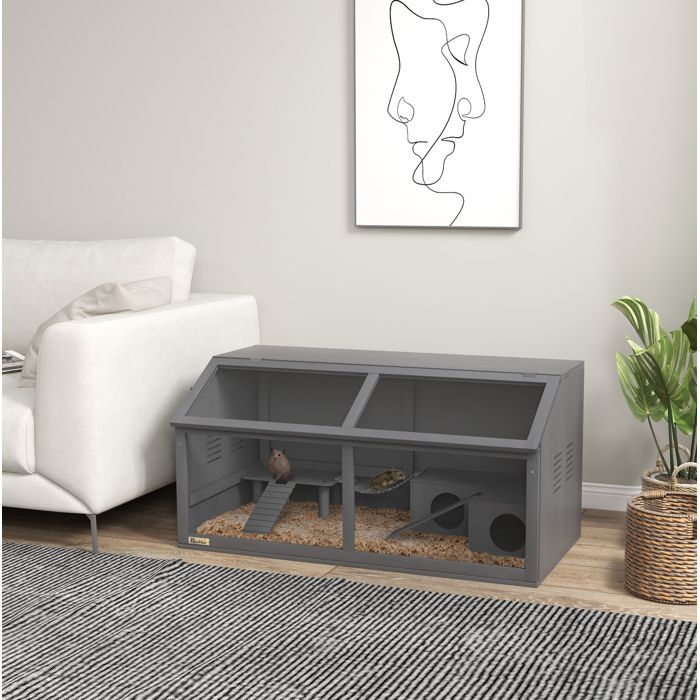 Cage pour rongeur en bois 100 cm gris foncé – ouverture par le dessus