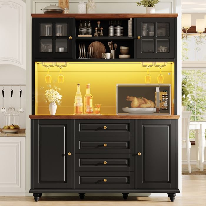 Buffet de Cuisine avec éclairage LED-Vitrine-Meuble de Rangement avec étagères réglables-Salon et Salles à Manger-Noir