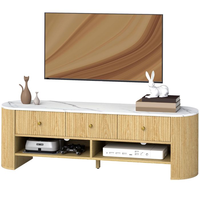 Meuble TV 140 cm meuble télé pour téléviseur 65 pouces effet marbre 3 tiroirs façades à cannelures effet bois naturel