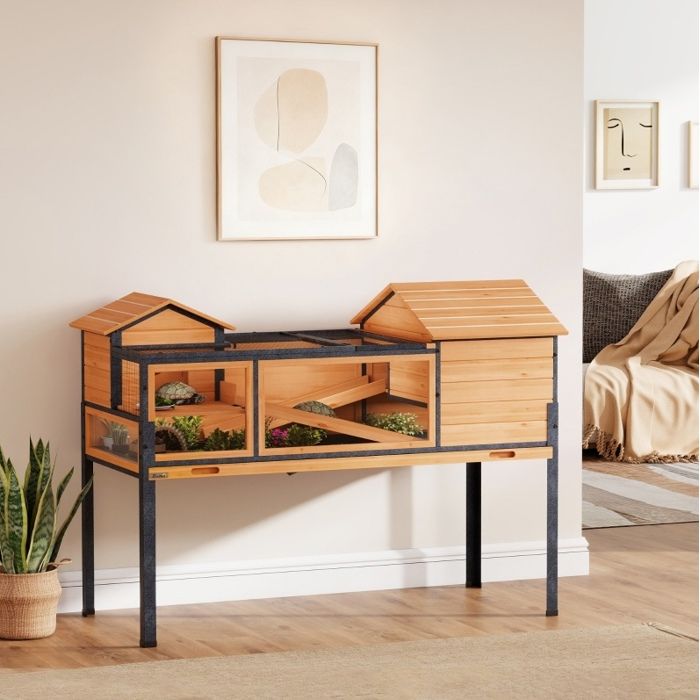 Enclos pour tortues 2 niveaux 128x63x96 cm avec fenêtres rampes tiroir de nettoyage bois et métal jaune JOINERY