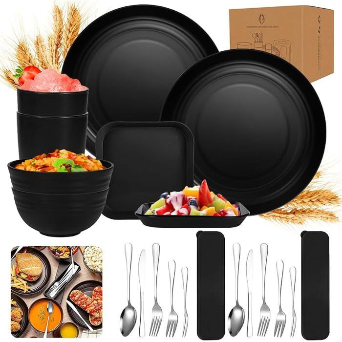 Kit Vaisselle CampingAssiette ReutilisablePour 2 Personnes Vaisselle Camping CarSet Pique Nique de 20 Noir/A noir POPOTE