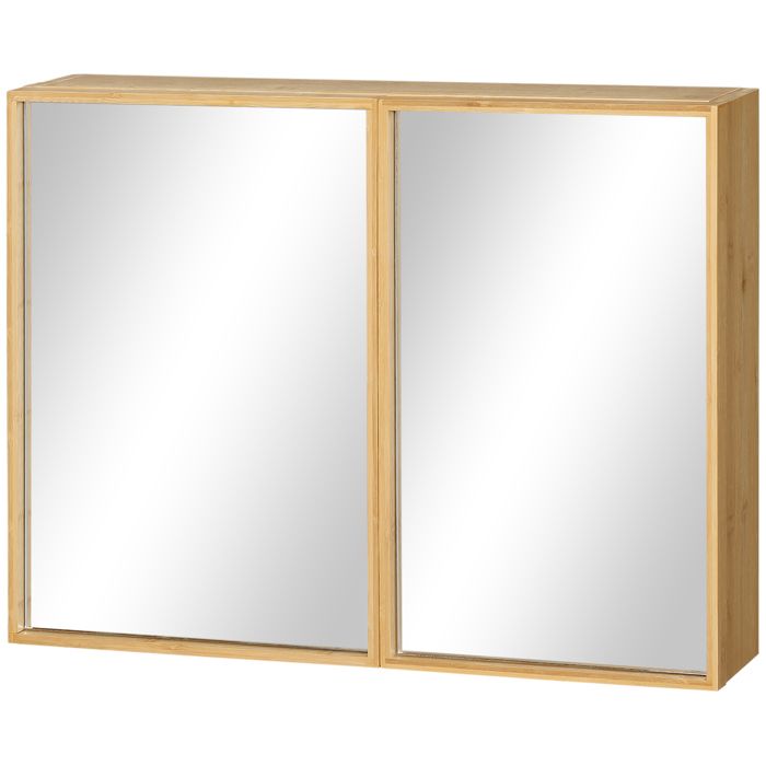 Meuble de salle de bain avec portes miroir plusieurs compartiments intérieurs bois de bambou 65 2 x 14 x 50 cm