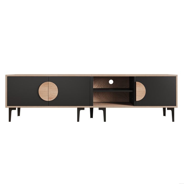 Meuble TV bas 180 cm – 3 portes et 2 compartiments ouverts – bois naturel et noir