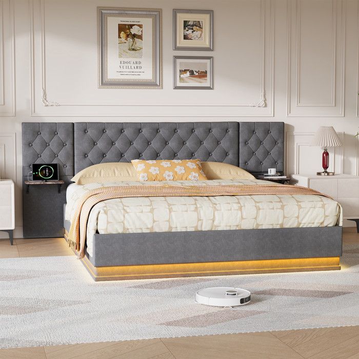 Lit 140x200cm - Lit coffre 140x200 - Lit double LED avec tête de lit large et tables de chevet intégrées - en lin gris Lit 140x200cm - Lit coffre 140x200 - Lit double LED avec tête de lit large et tables de chevet intégrées - en lin gris